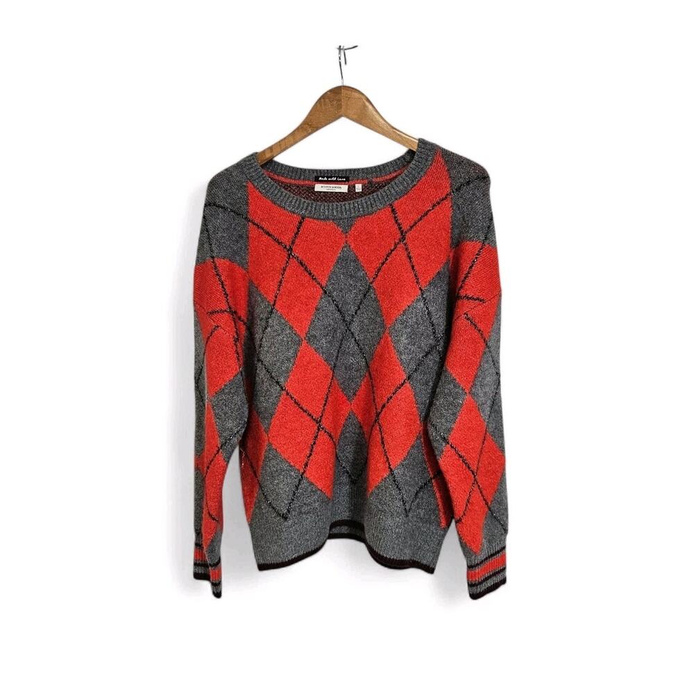 Scotch & Soda Amsterdam Red/Orange Black Silver Boxy Argyle Sweater Size Large